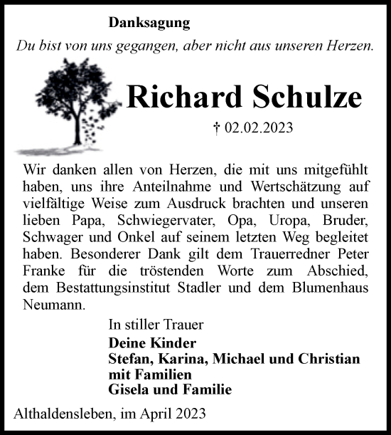 Traueranzeige von Richard Schulze von Volksstimme Haldensleben/Wolmirstedt