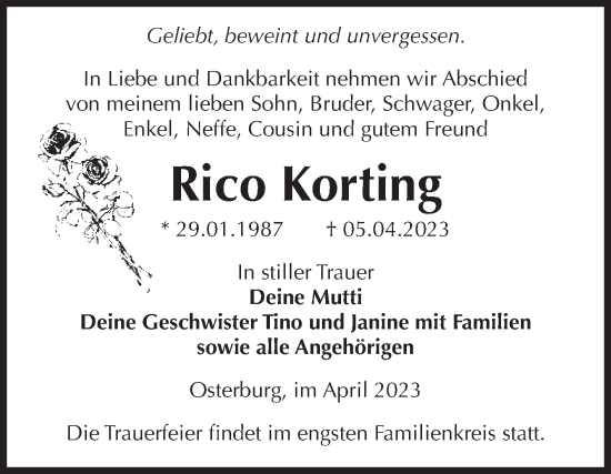 Traueranzeige von Rico Korting von Volksstimme Altmark Ost