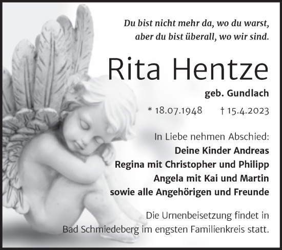 Traueranzeige von Rita Hentze von Trauerkombi Wittenberg