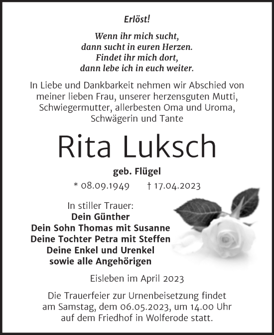 Traueranzeige von Rita Luksch von Trauerkombi Mansfelder Land