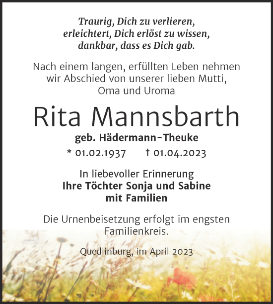 Traueranzeige von Rita Mannsbarth von Trauerkombi Quedlinburg