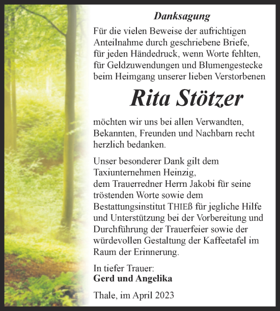Traueranzeige von Rita Stötzer von Trauerkombi Quedlinburg