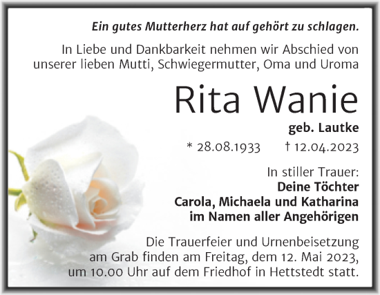 Traueranzeige von Rita Wanie von Trauerkombi Mansfelder Land