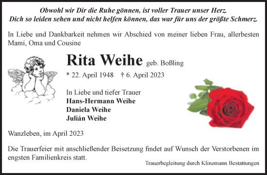 Traueranzeige von Rita Weihe von Volksstimme Oschersleben/Wanzleben