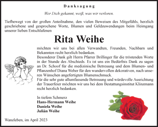 Traueranzeige von Rita Weihe von Volksstimme Oschersleben/Wanzleben