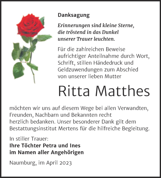 Traueranzeige von Ritta Matthes von Wochenspiegel Naumburg/Nebra