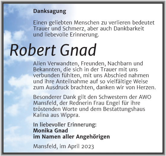Traueranzeige von Robert Gnad von Mitteldeutsche Zeitung Mansfelder Land