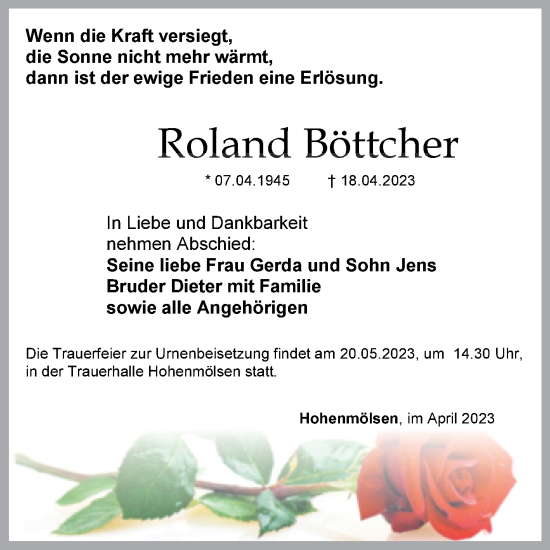 Traueranzeige von Roland Böttcher von Trauerkombi Weißenfels