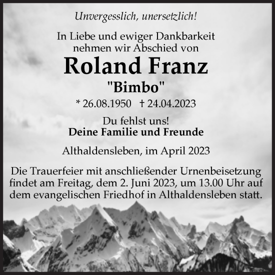 Traueranzeige von Roland Franz von Volksstimme Haldensleben/Wolmirstedt
