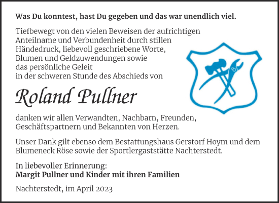 Traueranzeige von Roland Pullner von Trauerkombi Aschersleben