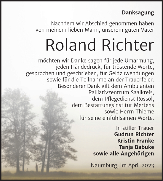 Traueranzeige von Roland Richter von Naumburger Tageblatt