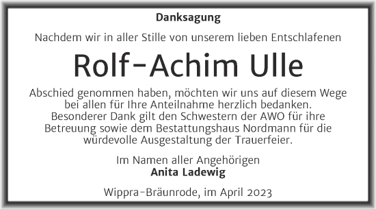 Traueranzeige von Rolf-Achim Ulle von Trauerkombi Sangerhausen