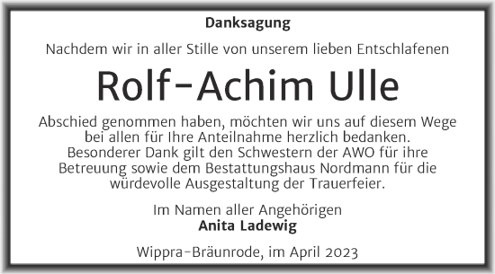 Traueranzeige von Rolf-Achim Ulle von Trauerkombi Sangerhausen