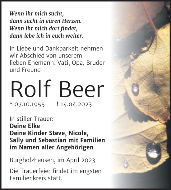 Traueranzeige von Rolf Beer von Wochenspiegel Naumburg/Nebra