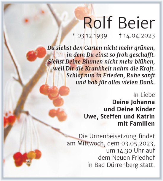 Traueranzeige von Rolf Beier von Trauerkombi Merseburg