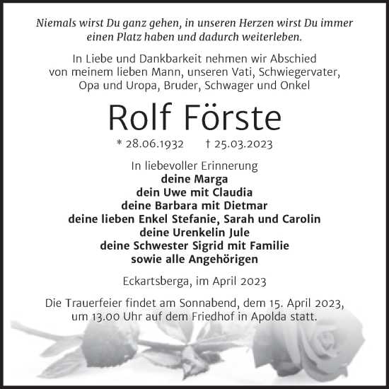 Traueranzeige von Rolf Förste von Wochenspiegel Naumburg/Nebra