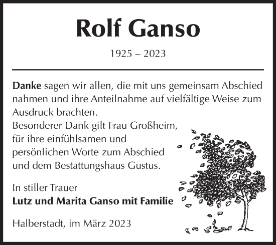 Traueranzeige von Rolf Ganso von Volksstimme Halberstadt