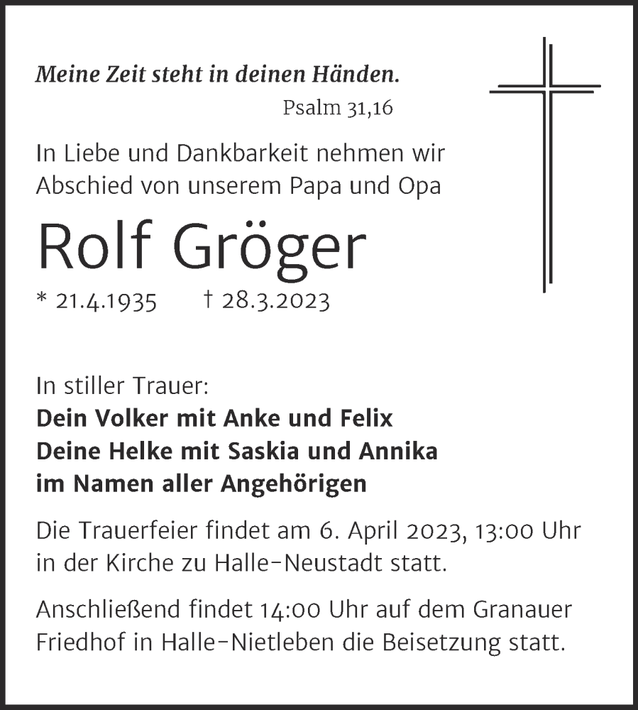  Traueranzeige für Rolf Gröger vom 01.04.2023 aus Mitteldeutsche Zeitung Halle/Saalkreis
