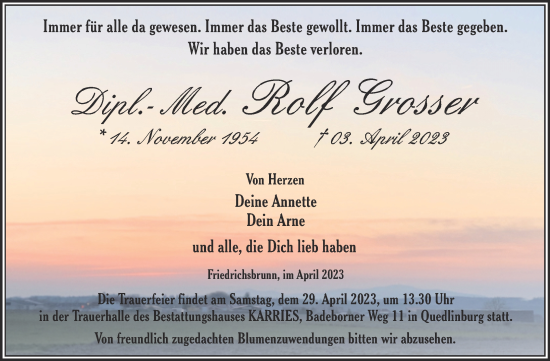 Traueranzeige von Rolf Grosser von Trauerkombi Quedlinburg