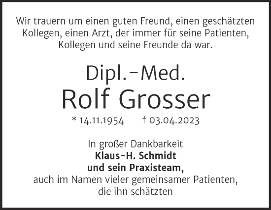Traueranzeige von Rolf Grosser von Trauerkombi Quedlinburg