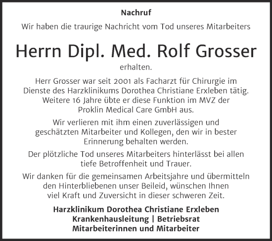 Traueranzeige von Rolf Grosser von Mitteldeutsche Zeitung Quedlingburg
