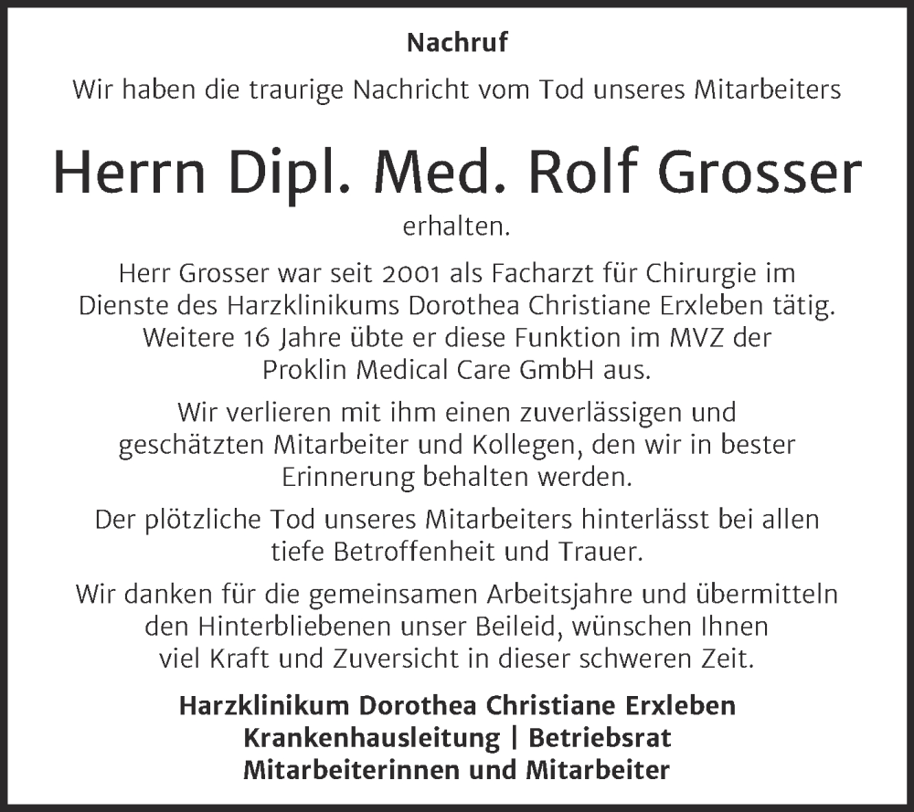  Traueranzeige für Rolf Grosser vom 21.04.2023 aus Mitteldeutsche Zeitung Quedlingburg