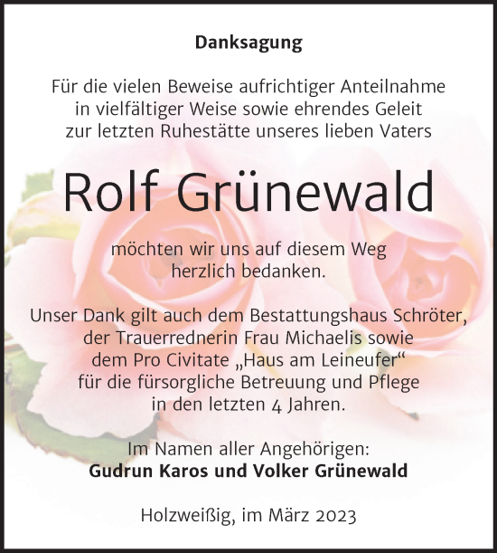 Traueranzeige von Rolf Grünewald von Trauerkombi Bitterfeld