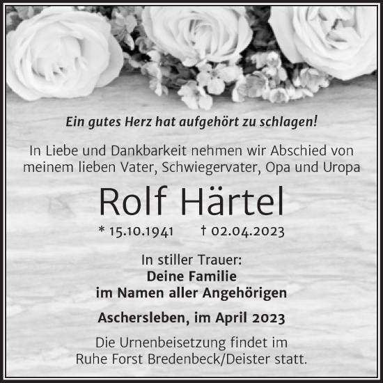Traueranzeige von Rolf Härtel von Trauerkombi Aschersleben