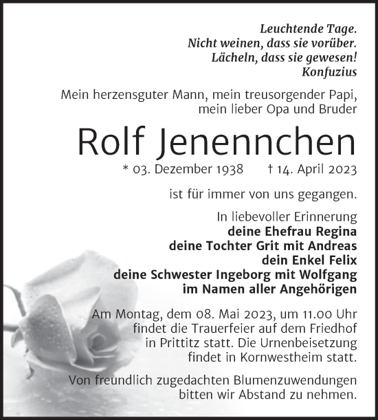 Traueranzeige von Rolf Jenennchen von Trauerkombi Weißenfels