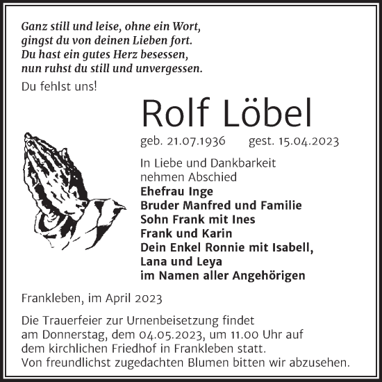 Traueranzeige von Rolf Löbel von Trauerkombi Merseburg