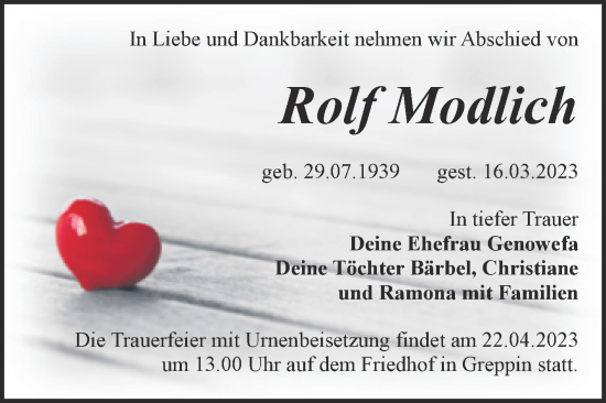 Traueranzeige von Rolf Modlich von Trauerkombi Bitterfeld