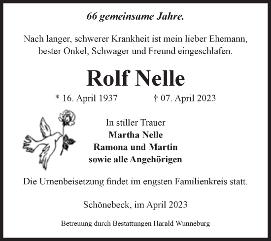 Traueranzeige von Rolf Nelle von Volksstimme Schönebeck