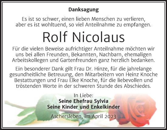 Traueranzeige von Rolf Nicolaus von Trauerkombi Aschersleben