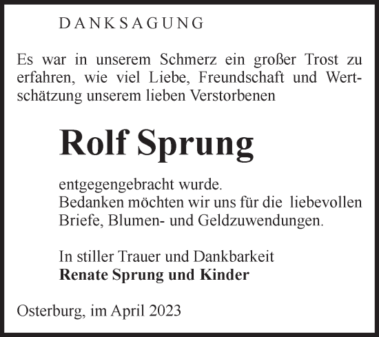 Traueranzeige von Rolf Sprung von Volksstimme Altmark Ost