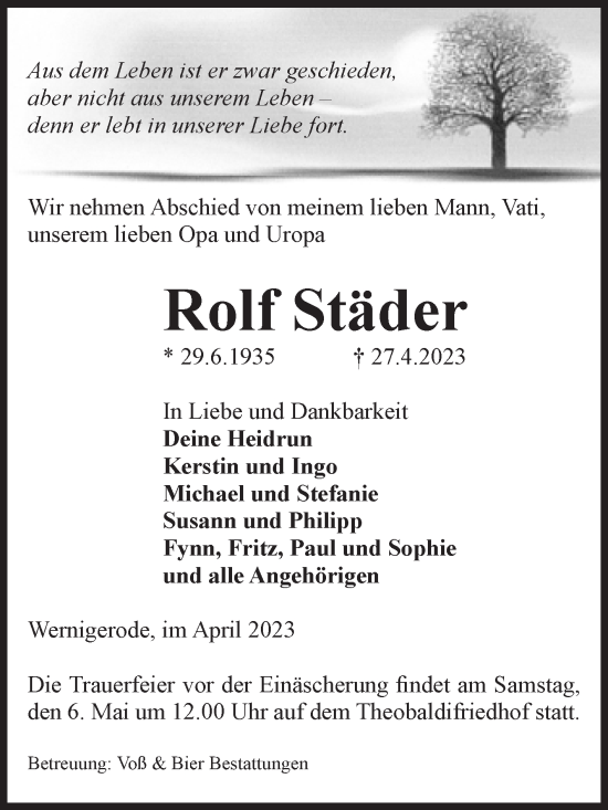 Traueranzeige von Rolf Städer von Volksstimme Wernigerode