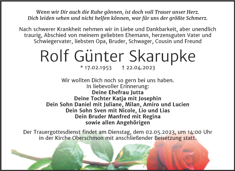  Traueranzeige für Rolf Günter Skarupke vom 29.04.2023 aus Trauerkombi Merseburg