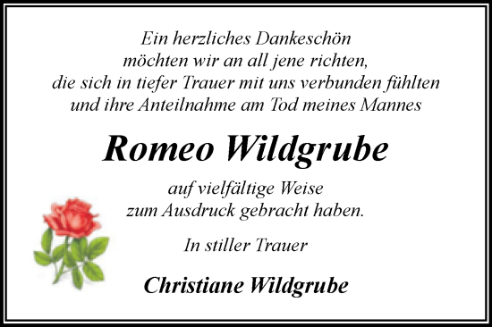 Traueranzeige von Romeo Wildgrube von Volksstimme Magdeburg