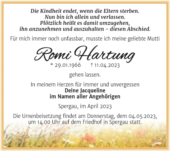 Traueranzeige von Romi Hartung von Trauerkombi Merseburg