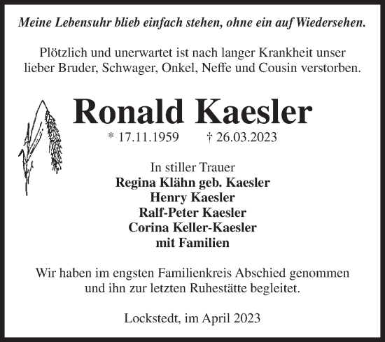 Traueranzeige von Ronald Kaesler von Volksstimme Haldensleben/Wolmirstedt