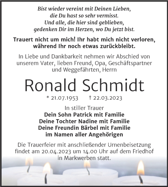 Traueranzeige von Ronald Schmidt von Trauerkombi Weißenfels