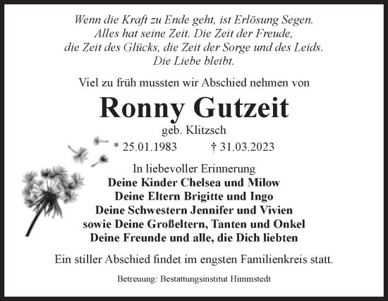 Traueranzeige von Ronny Gutzeit von Volksstimme Altmark Ost