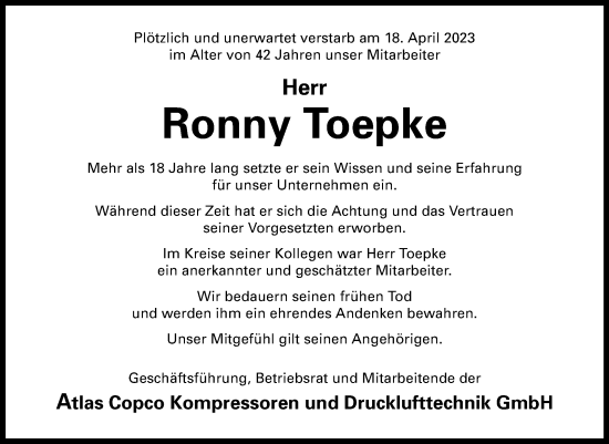 Traueranzeige von Ronny Toepke von Volksstimme Magdeburg
