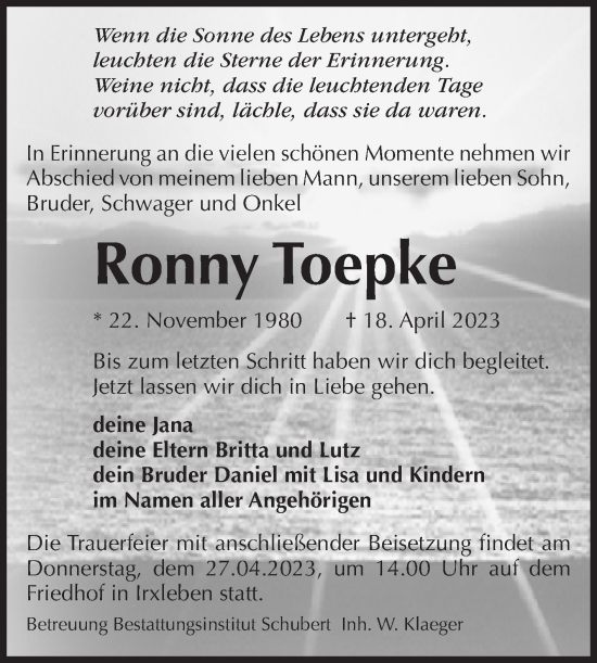 Traueranzeige von Ronny Toepke von Volksstimme Magdeburg