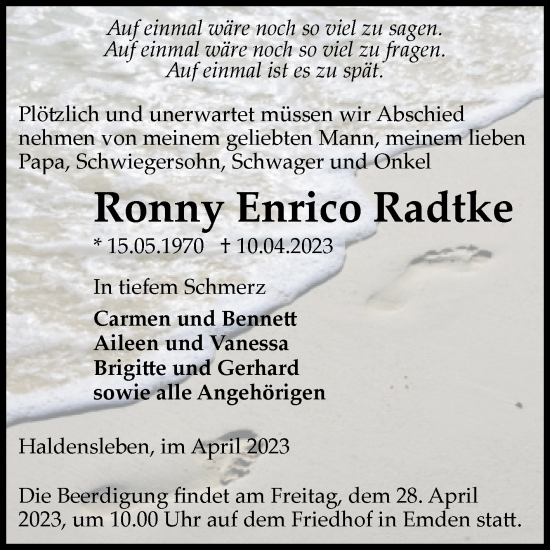 Traueranzeige von Ronny Enrico Radtke von Volksstimme Haldensleben/Wolmirstedt
