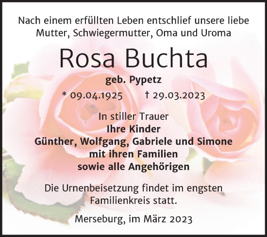 Traueranzeige von Rosa Buchta von Trauerkombi Merseburg