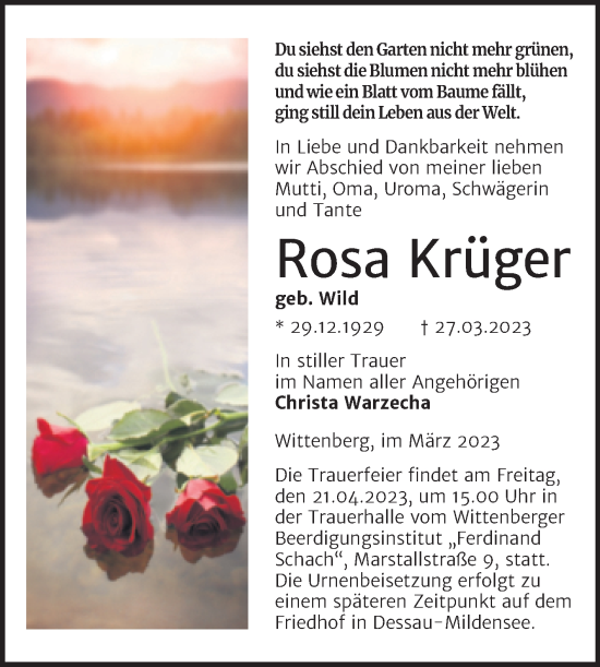 Traueranzeige von Rosa Krüger von Trauerkombi Dessau