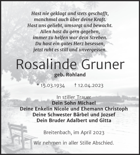 Traueranzeige von Rosalinde Gruner von Trauerkombi Zeitz