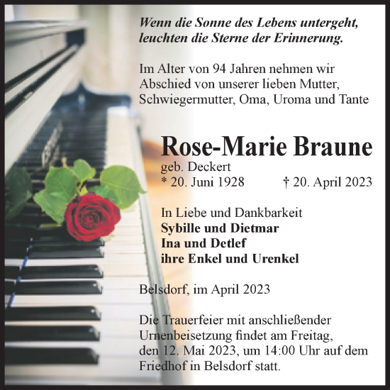 Traueranzeige von Rose-Marie Braune von Volksstimme Oschersleben/Wanzleben