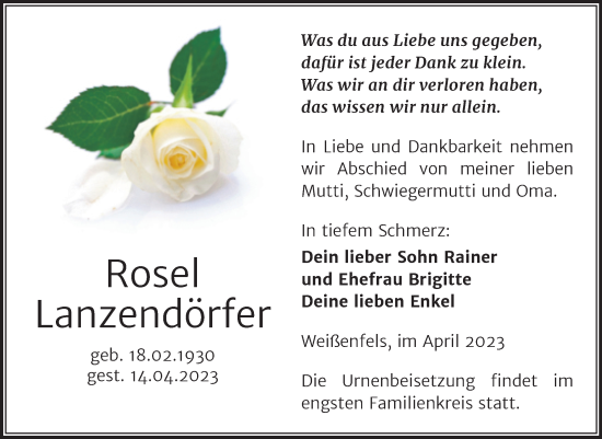 Traueranzeige von Rosel Lanzendörfer von Trauerkombi Weißenfels