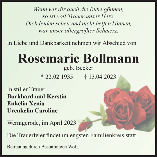 Traueranzeige von Rosemarie Bollmann von Volksstimme Wernigerode